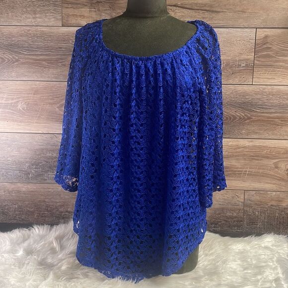 Jennie & Marlis Women’s Royal Blue Lace Overlay Blouse Size Large NWT - Picture 5 of 10